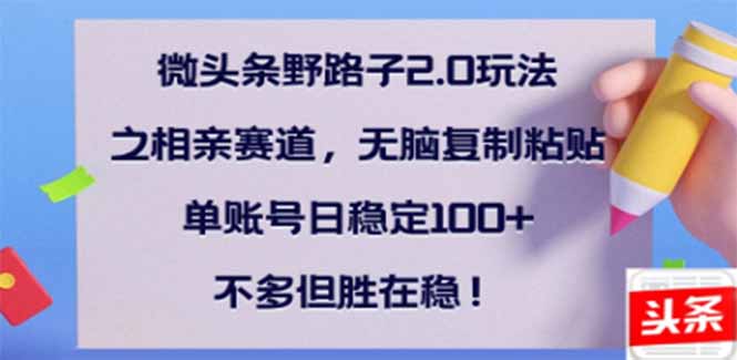 微头条野路子2.0玩法之相亲赛道,无脑搬砖复制粘贴,单账号日稳定300+…-网创资源站