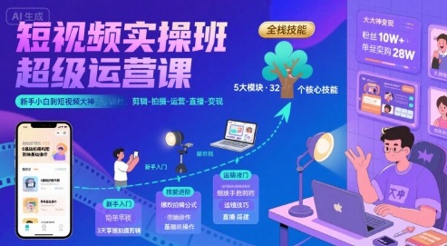 短视频实操班超级运营课,新手小白到短视频大神必修课程,剪辑-拍摄-运营-直播-变现-网创资源站