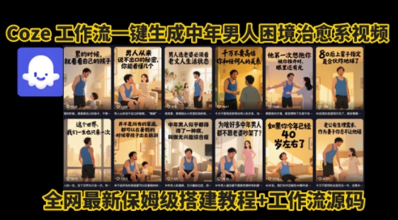 coze工作流一键生成”中年男人困境扎心高涨粉高播放量图文视频”保姆级拆解教程,无需剪辑,无需拍摄写文案-网创资源站
