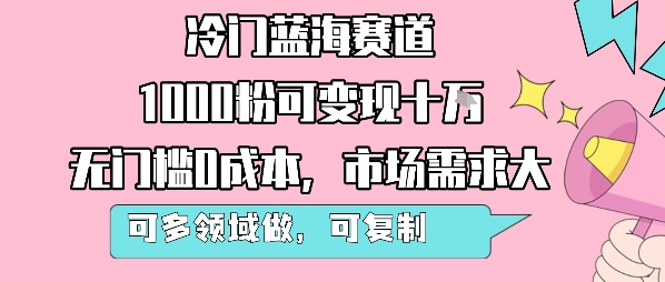 冷门蓝海赛道，1000粉可变现十W，无门槛0成本，市场需求大，可多领域做，可复制性强-网创资源站