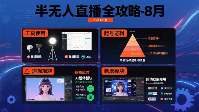 半无人直播全攻略-8月:工具使用+起号逻辑+违规规避,新增AI超体与跨境模块-网创资源站