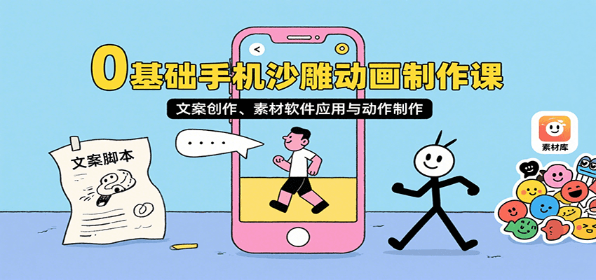 0基础手机沙雕动画制作课,文案创作、素材软件应用与动作制作-网创资源站
