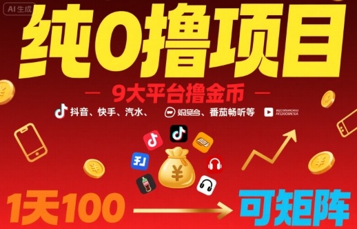 纯0撸项目,9大平台撸金币,抖音,快手,汽水,番茄畅听等,1天100,可矩阵-网创资源站