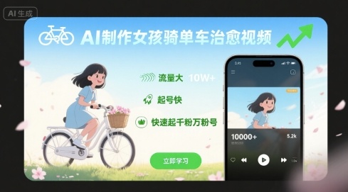 AI制作女孩骑单车治愈视频，流量大，起号快，快速起千粉万粉号-网创资源站