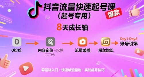 抖音流量快速起号课(起号专用),8天带你做爆自己的账号-网创资源站