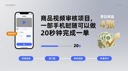 商品视频审核项目，一部手机随时随地都可以做，20秒钟完成一单，单日收益 4张【揭秘】-网创资源站