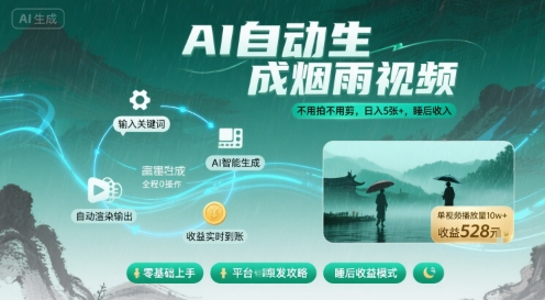 不用拍不用剪！AI自动生成烟雨视频，日入5张+，睡后收入-网创资源站