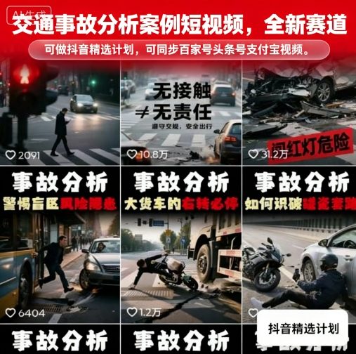 交通事故分析案例短视频，全新赛道，可做抖音精选计划，可同步百家号头条号支付宝视频号平台-网创资源站
