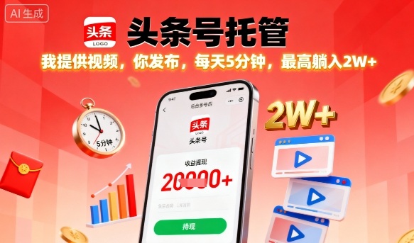 【头条号托管】我提供视频,你发布,每天5分钟,最高躺入2W+【揭秘】-网创资源站