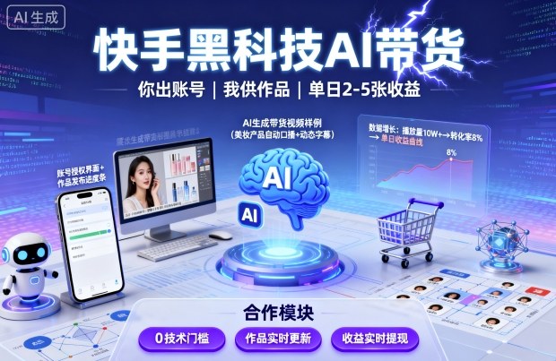 快手黑科技AI带货，你提供账号，我提供作品并发布，单日2-5张【揭秘】-网创资源站