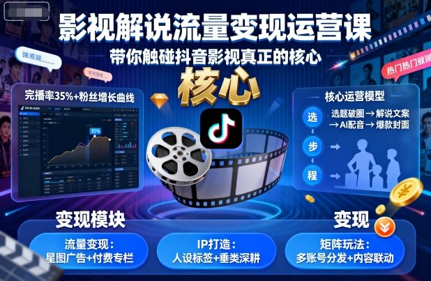 影视解说流量变现运营课,带你触碰抖音影视真正的核心-网创资源站