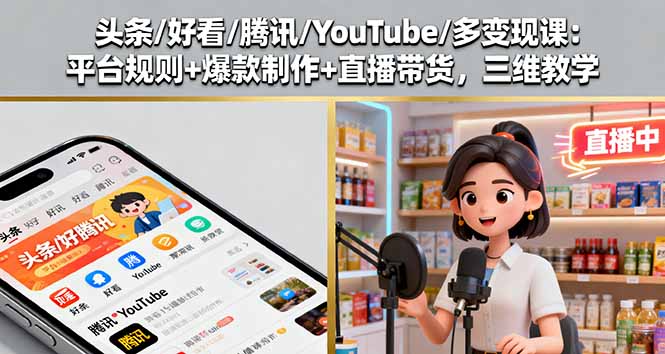 头条/好看/腾讯/YouTube/多变现课:平台规则+爆款制作+直播带货,三维教学-网创资源站