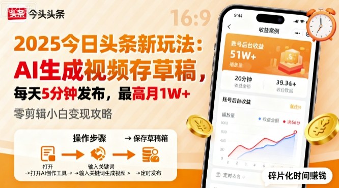 2025年今日头条躺賺新玩法,AI生成视频存草稿,每天5分钟发布,最高月1W+【揭秘】-网创资源站