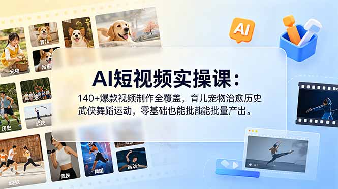 AI短视频实操课：140+爆款视频制作全覆盖，育儿宠物治愈历史武侠舞蹈运动，零基础也能批量产出-网创资源站