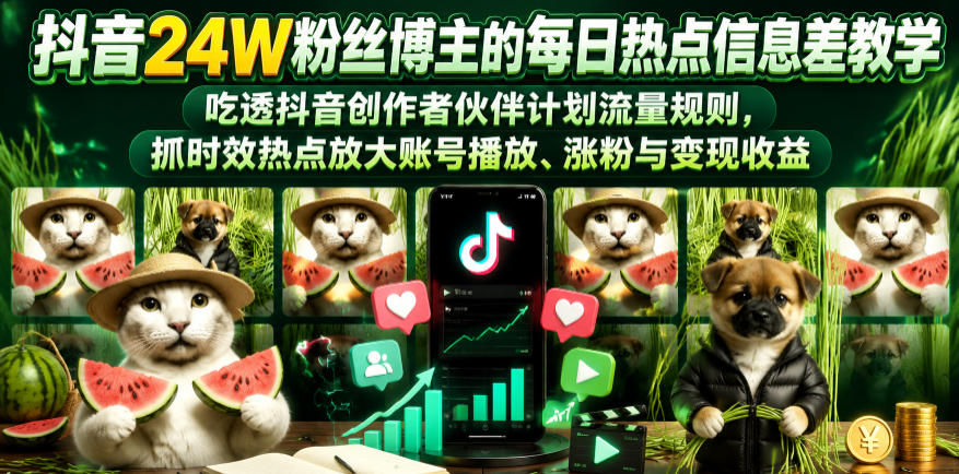 抖音24W粉丝博主的每日热点信息差教学，吃透创作者伙伴计划流量规则，抓时效热点放大账号播放、涨粉与变现收益-网创资源站