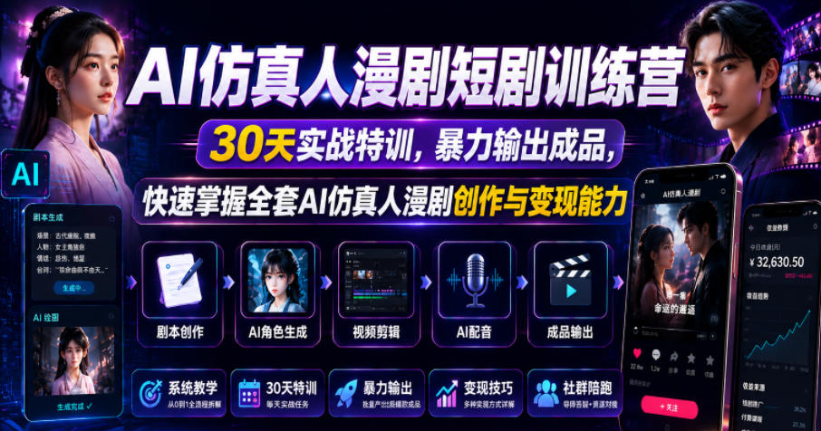 AI仿真人漫剧短剧训练营,30天实战特训,暴力输出成品,快速掌握全套AI仿真人漫剧创作与变现能力-网创资源站