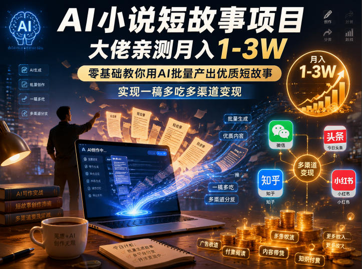 AI小说短故事项目,大佬亲测月入1-3W,零基础教你用AI批量产出优质短故事,实现一稿多吃多渠道变现-网创资源站