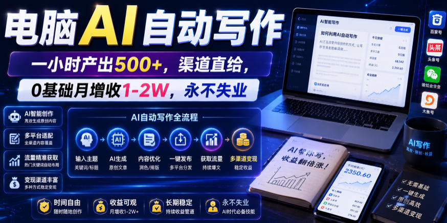 电脑AI自动写作，一小时产出500+，渠道直给，0基础月增收1-2W，永不失业【揭秘】-网创资源站