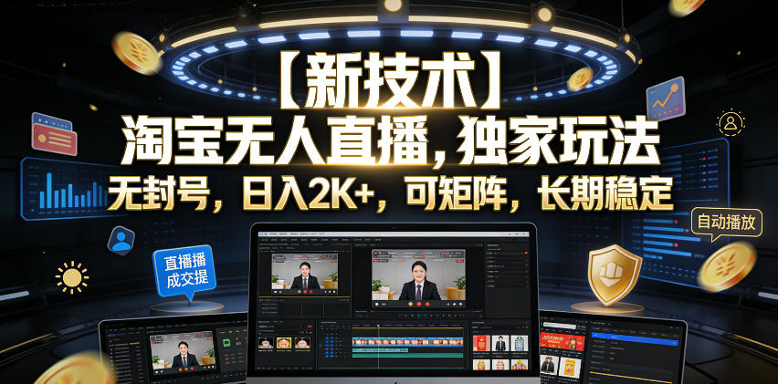 【新技术】淘宝无人直播，独家玩法，无封号，日入2K+，可矩阵，长期稳定【揭秘】-网创资源站