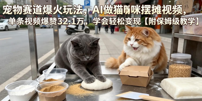 宠物赛道爆火玩法，AI做猫咪摆摊视频，单条视频爆赞32.1万，学会轻松变现【附保姆级教学】-网创资源站