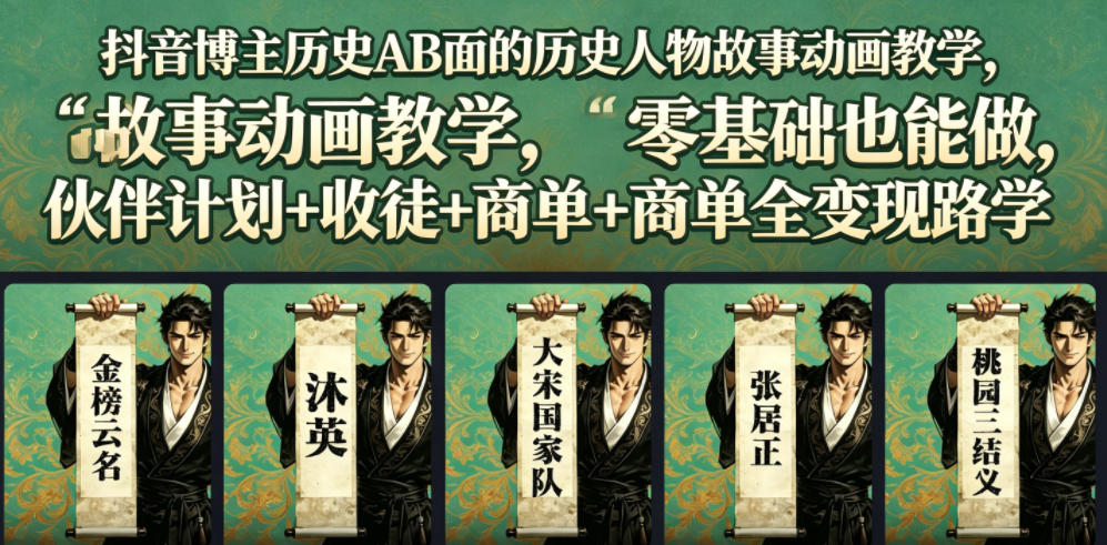 抖音博主历史AB面的历史人物故事动画教学,零基础也能做,伙伴计划+收徒+商单全变现路径教学-网创资源站