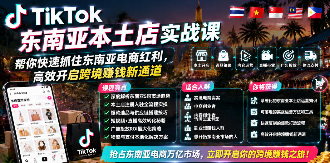 TikTok东南亚本土店实战课，帮你快速抓住东南亚电商红利，高效开启跨境賺钱新通道-网创资源站