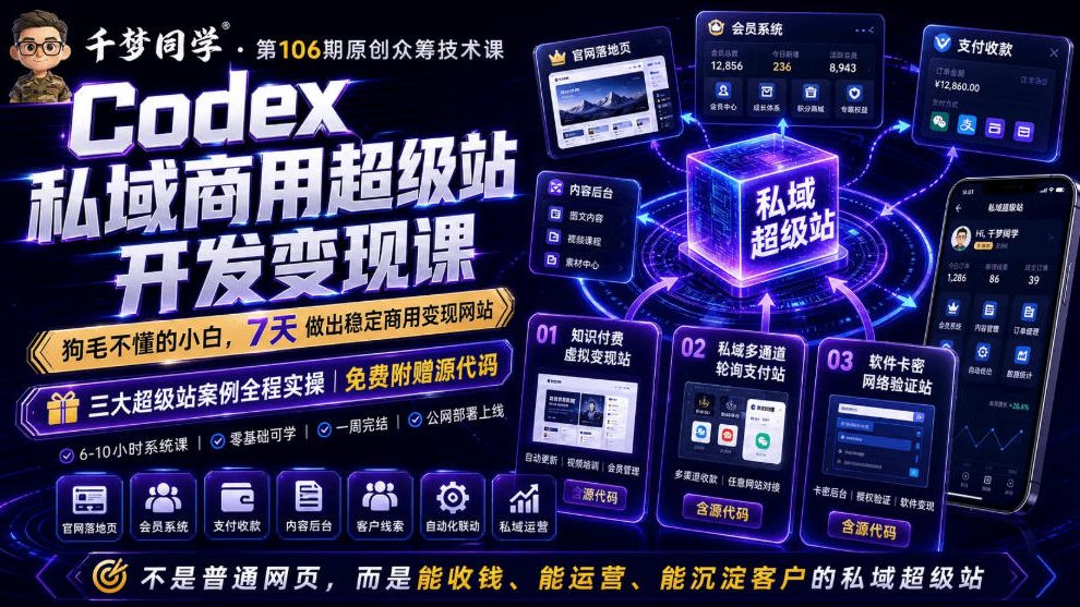 Codex私域商用超级站Ai开发变现课，7天带你从零基础到能自己动手做出能收钱、能运营、能沉淀客户的私域超级站-网创资源站