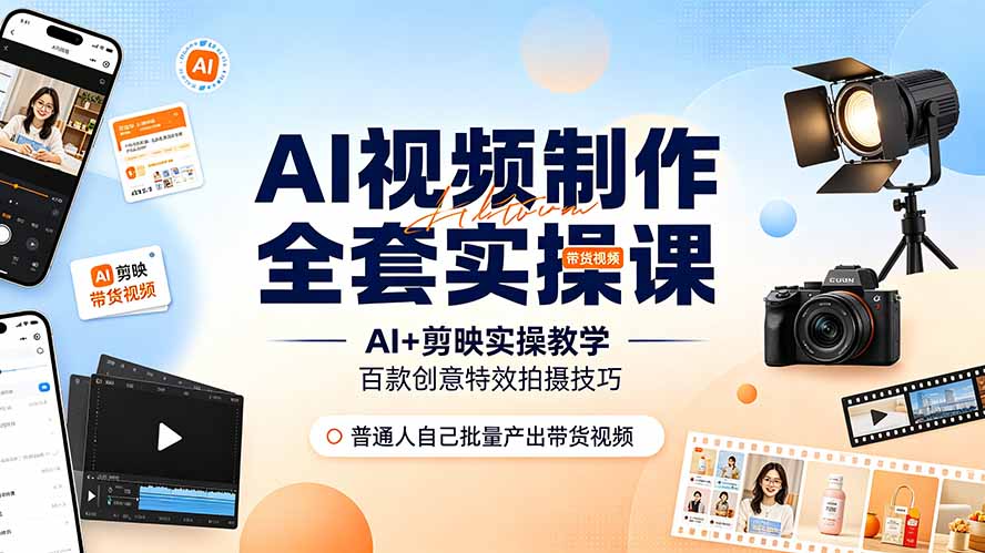 AI视频制作全套实操课，多款AI工具搭配剪映教学，百种特效运镜拍摄实操，抖音账号带货运营全覆盖-网创资源站