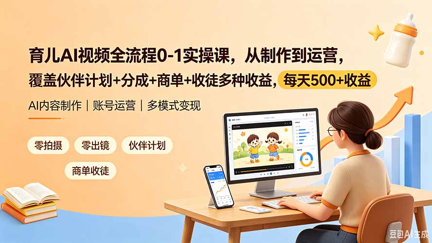 育儿AI视频全流程0-1实操课，从制作到运营，覆盖伙伴计划+分成+商单+收徒多种收益，每天500+收益-网创资源站