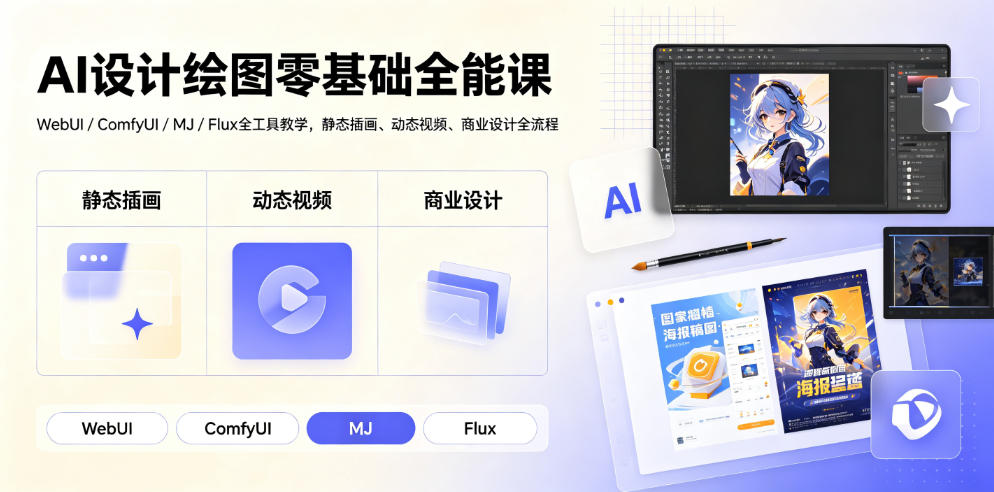 AI设计绘图零基础全能课｜WebUI/ComfyUI/MJ/Flux全工具教学，静态插画、动态视频、商业设计全流程-网创资源站