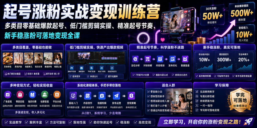 苗子起号涨粉实战变现训练营，多类目零基础爆款起号、精准起号节奏、新手稳涨粉可落地变现全课-网创资源站