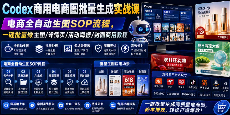 Codex商用电商图批量生成实战课｜电商全自动生图SOP流程，一键批量做主图/详情页/活动海报/封面商用教程-网创资源站