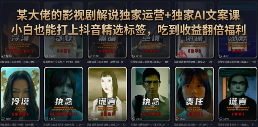某大佬的影视剧解说独家运营+独家AI文案课，小白0粉丝也能快速打上抖音精选标签、吃到收益翻倍福利-网创资源站