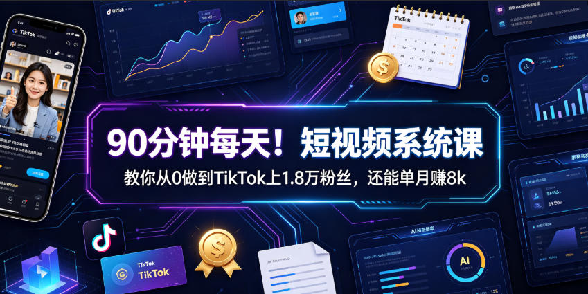 90分钟每天！短视频系统课教你从0做到TikTok上1.8万粉丝，还能单月賺8k【原创双语字幕】-网创资源站