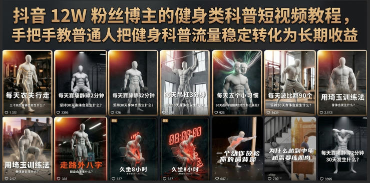 抖音12W粉丝博主的健身类科普短视频教程，手把手教普通人把健身科普流量稳定转化为长期收益-网创资源站