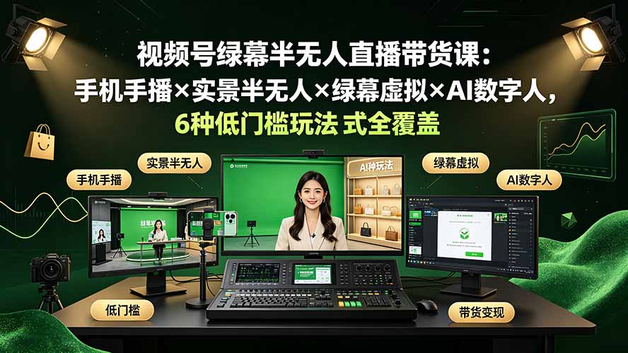 视频号绿幕半无人直播带货课:手机手播×实景半无人×绿幕虚拟×AI数字人,6种低门槛玩法全覆盖-网创资源站