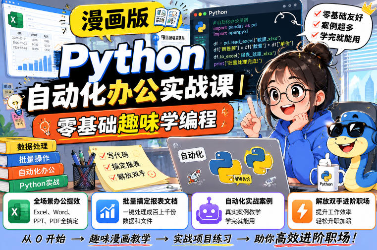 漫画版Python自动化办公实战课|零基础趣味学编程,全场景办公提效、批量搞定报表文档、解放双手进阶职场-网创资源站