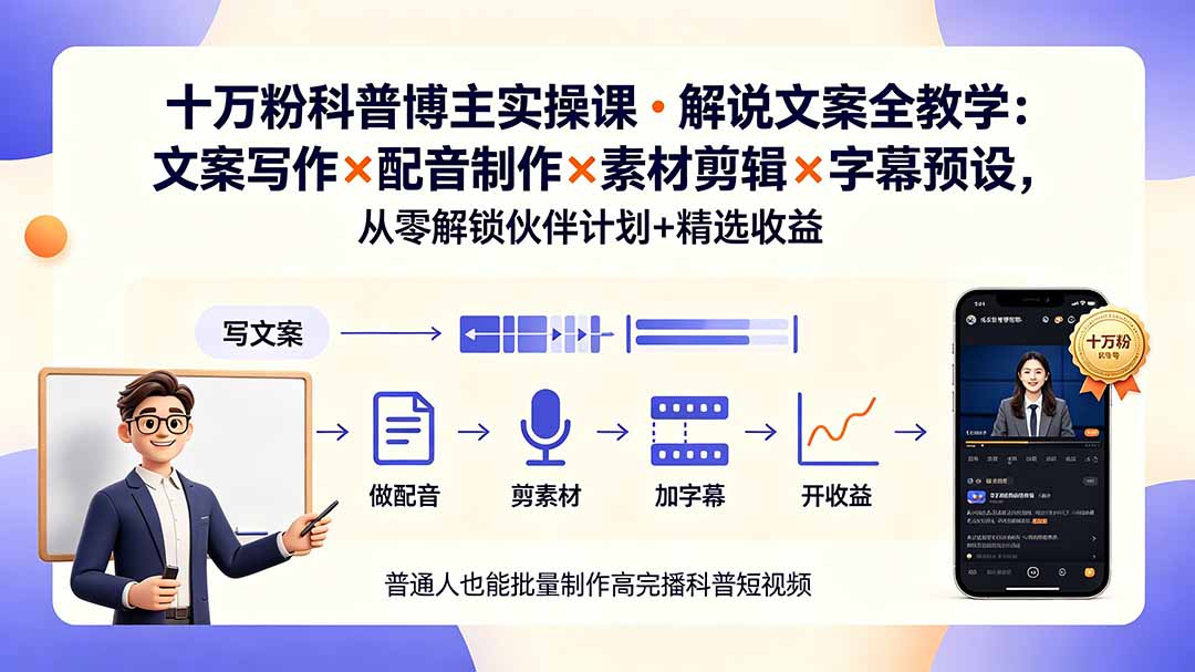 10万粉科普博主实操课-解说文案全教学:文案写作×配音制作×素材剪辑×字幕预设,从零解锁伙伴计划+精选收益-网创资源站