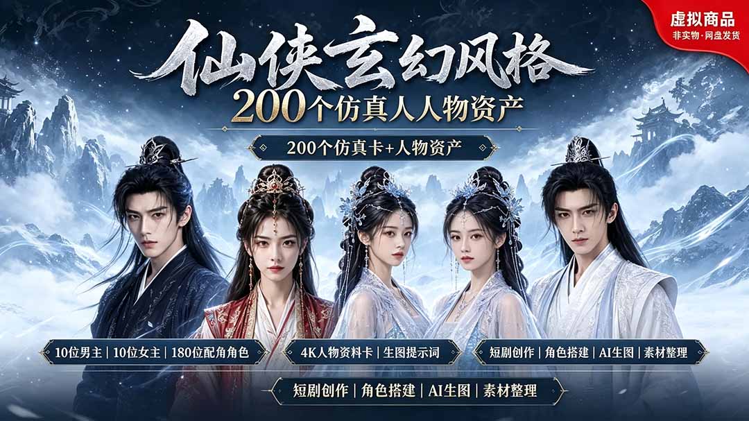 200个仙侠玄幻仿真人素材◆10男主×10女主×180配角，4K资料卡+AI生图提示词，漫剧必备-网创资源站