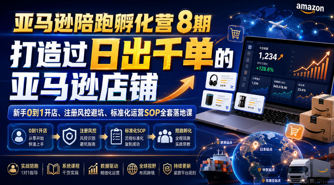 亚马逊陪跑孵化营8期，打造过日出千单的亚马逊店铺，新手0到1开店、注册风控避坑、标准化运营SOP全套落地课-网创资源站