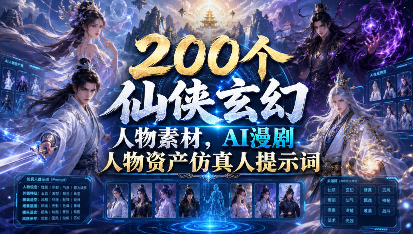 200个仙侠玄幻人物素材,AI漫剧人物资产仿真人提示词-网创资源站
