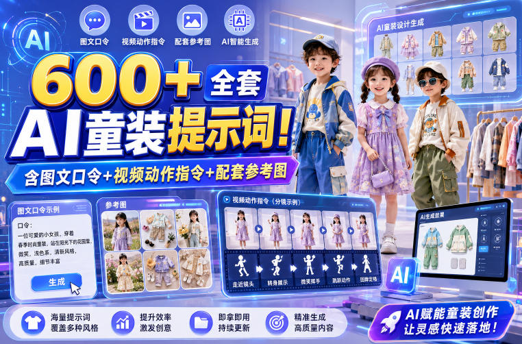 600+全套AI童装提示词!含图文口令+视频动作指令+配套参考图,Word-Excel规整分类,童装电商、种草无脑量产内容!-网创资源站