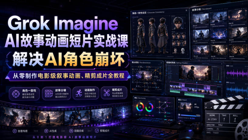 Grok Imagine AI故事动画短片实战课｜解决AI角色崩坏，从零制作电影级叙事动画、精剪成片全教程(中英字幕)-网创资源站