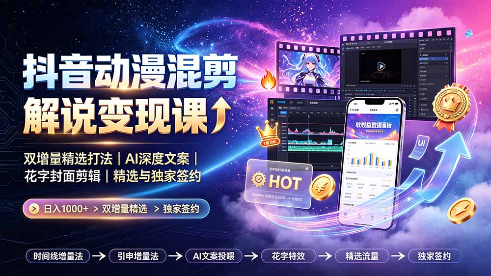 抖音动漫混剪解说变现课：双增量精选打法｜AI深度文案｜花字封面剪辑｜ 精选与独家签约日入1000+-网创资源站