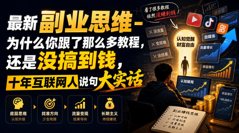 最新副业思维-为什么你跟了那么多教程，还是没搞到钱，十年互联网人说句大实话【揭秘】-网创资源站