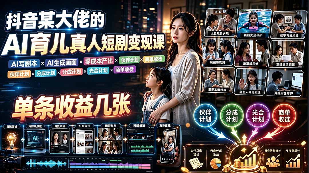 AI育儿真人短剧变现课:AI写剧本×AI生成画面×零成本产出×伙伴计划×分成计划×光合计划×商单收徒-网创资源站