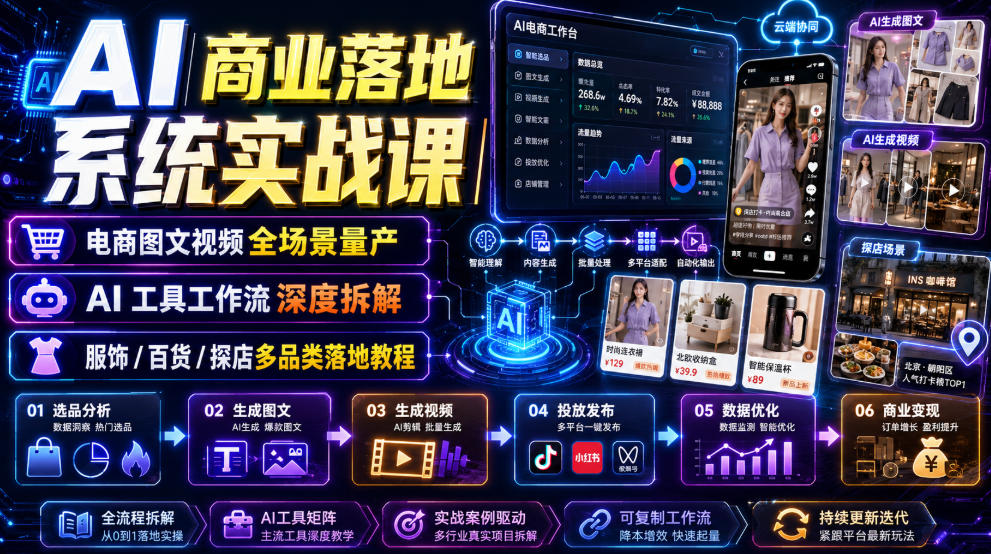 AI商业落地系统实战课｜电商图文视频全场景量产・AI工具工作流深度拆解・服饰/百货/探店多品类落地教程-网创资源站