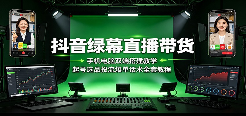 抖音绿幕直播带货：手机电脑双端搭建教学，起号选品投流爆单话术全套教程-网创资源站