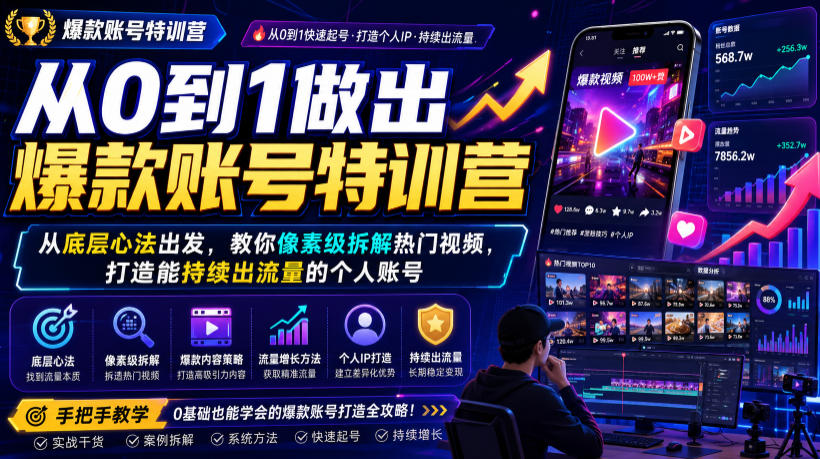 从0到1做出爆款账号特训营，从底层心法出发，教你像素级拆解热门视频，打造能持续出流量的个人账号-网创资源站