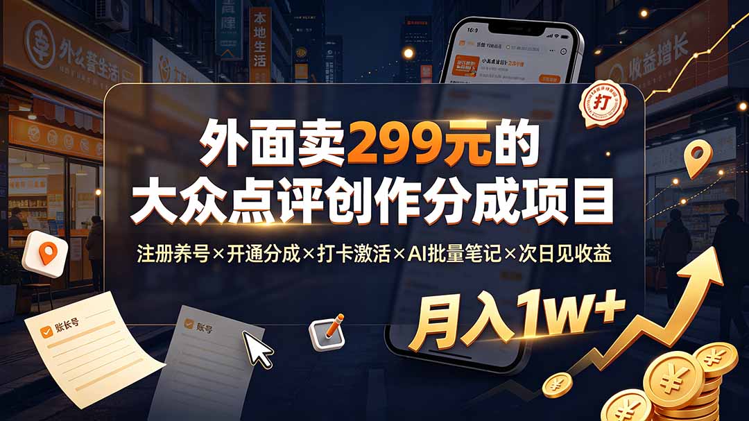 外面卖299元的大众点评创作分成项目：注册养号×开通分成×打卡激活×AI批量笔记×次日见收益，月入1w+-网创资源站